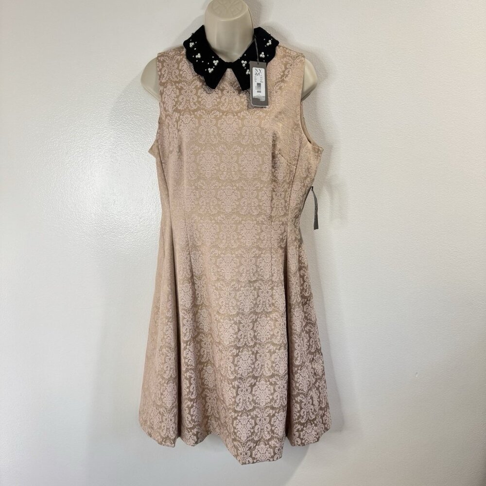 NWT Eva Mendes New York & Company Dress 12 Jacquard Satin Pearl Beads Pink Black